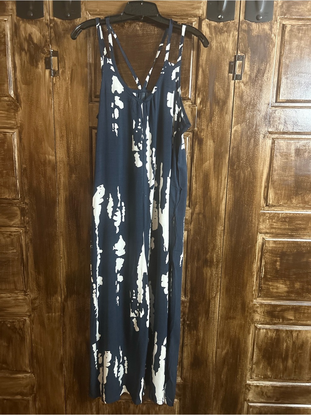Navy Abstract Print Maxi Dress, Sleeveless , Strappy Neckline, Beachy,Size Large